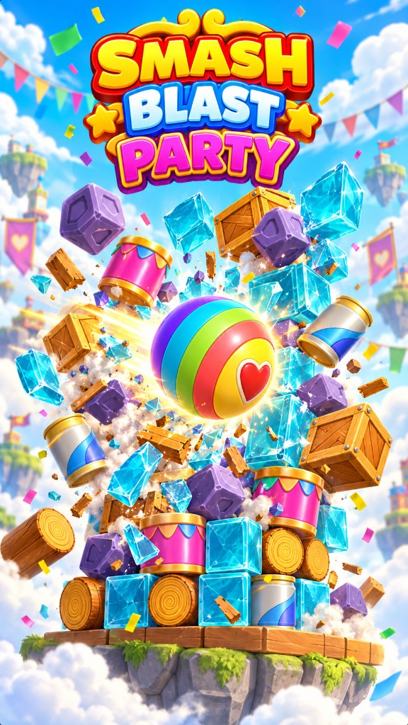 Smash Blast Party splash: rainbow heart ball exploding crystal blocks on a floating island